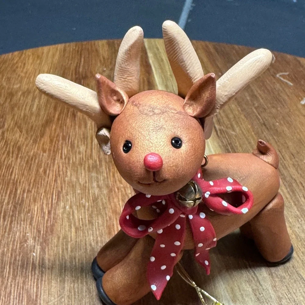 Handmade Clay Reindeer Christmas Ornament Red Nose Polka Dot Bow Jingle Bell 3in